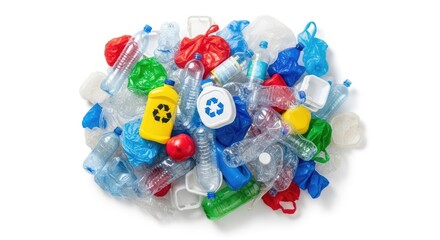 A pile of colorful plastic bottles and bags on a white background.
