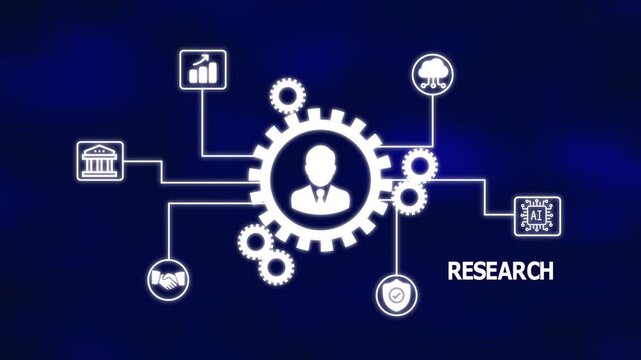 Innovative digital research concept with interconnected icons, gear mechanisms, analytical workflow, knowledge development and technology-based data exploration.