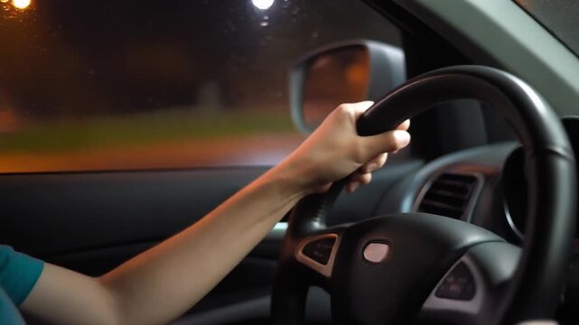 closeup of hand driving a car with wet and blurred windows and beautiful city light