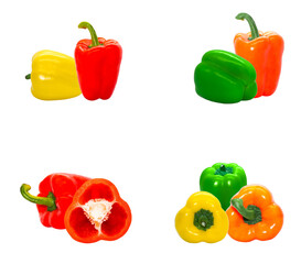 group of whole and halved colorful sweet bell peppers in red, yellow, green, and orange, isolated on a stark transparent background.