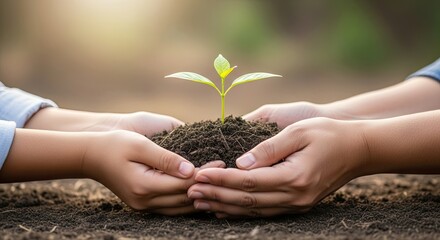 Two hands holding a small green plant in a soil mound on a blurred green background.