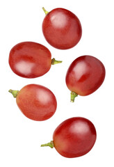 five isolated red seedless grape berries captured mid-air, floating and scattered against a sharp, contrasting transparent background.