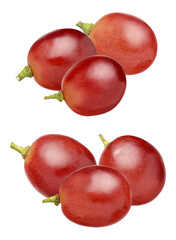 six plump, deep red grape berries, individually detailed and arranged in small groups, highlighted against a jet transparent background.