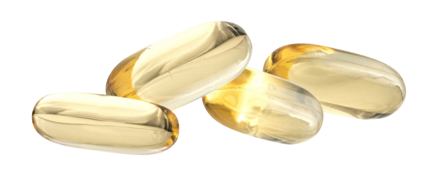 close-up photograph of four shiny golden fish oil capsules, filled with translucent yellow liquid, isolated on a clean transparent background.