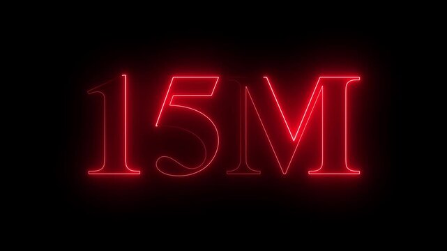 Glowing neon light 15M followers or subscribers celebration text animation on black background, Number 15M Neon Futuristic Effect, Trendy Glow Lighting, 15M animation neon text effect motion. 4k