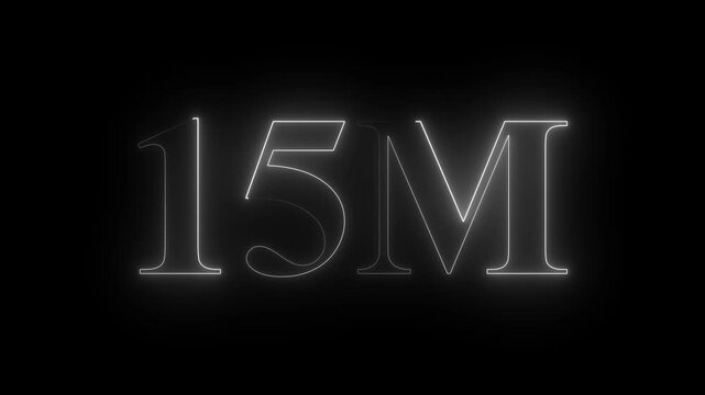 Glowing neon light 15M followers or subscribers celebration text animation on black background, Number 15M Neon Futuristic Effect, Trendy Glow Lighting, 15M animation neon text effect motion. 4k