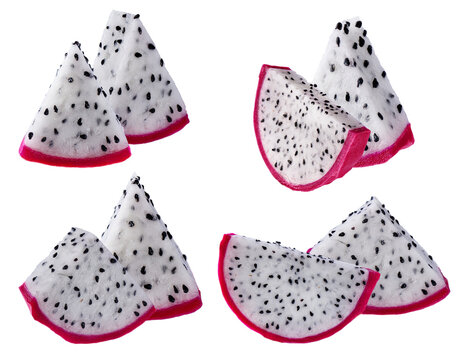 various white-fleshed dragon fruit (pitaya) wedge slices showcasing black seeds and bright magenta peel detail, isolated on black. - Powered by Adobe