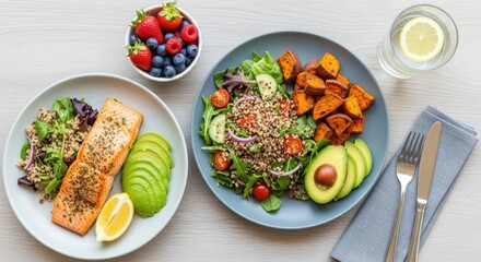A colorful salad with salmon, avocado, and quinoa on a blue plate, accompanied by a glass of water and a bowl of mixed berries.