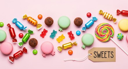 A colorful array of candies and sweets on a pink background.