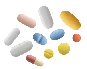 photograph featuring a scattered assortment of brightly colored medical pills, tablets, and capsules isolated against a stark transparent background.
