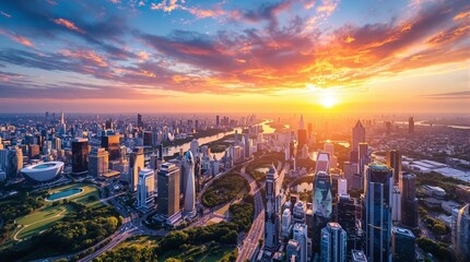 Stunning sunset views over the city skyline with skyscrapers and buildings creating a vibrant urban panorama