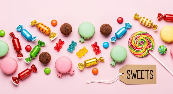 A colorful array of candies and sweets on a pink background.