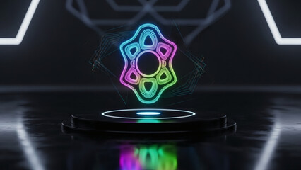 Vibrant, iridescent abstract symbol levitating over a futuristic podium, illuminated by neon lights in a dark, high-tech environment
