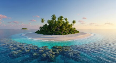 A serene tropical island with a small sandy beach, lush green palm trees, and crystal-clear turquoise waters.
