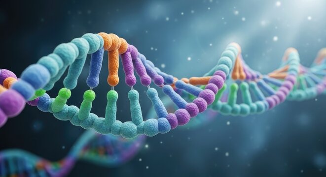 A colorful DNA strand against a gradient background. - Powered by Adobe