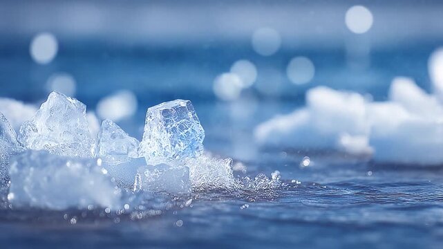 Frozen Cubes on Water Surface: Crystal ice cubes delicately rest on a shimmering water surface, capturing the serene beauty of a cold, frozen environment.