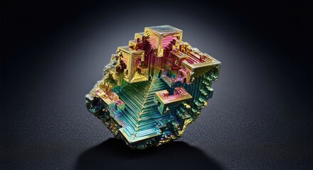 A vibrant, multi-colored crystal structure with a dark background.