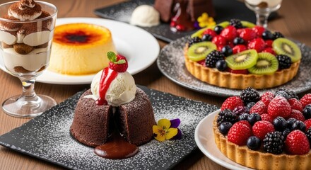 A variety of desserts and fruits on a wooden table.