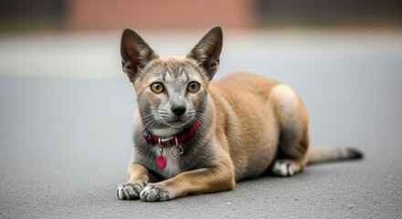 A brown and tan cat with a red collar and tag, lying on a gray pavement.