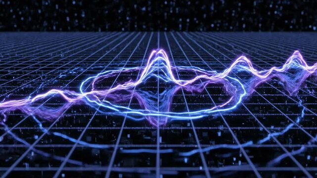 Seamless loop of vibrant purple and blue sonic waves oscillating across a deep black grid creating a futuristic resonant background texture blue sonic waves, sound visualization, virtual reality