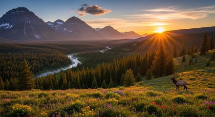 A majestic elk stands in a meadow, surrounded by a vibrant flower-filled field, with a river and mountains in the background under a stunning sunset sky.