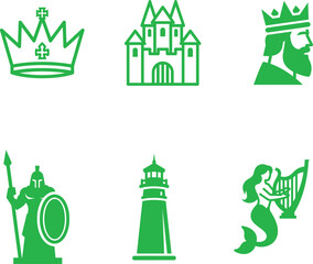 Collection of Simple Green Icons Depicting Royalty Ancient Warfare Seafaring and Mythology perfect for digital graphics and symbol libraries enhancing visual communication with clarity and elegance