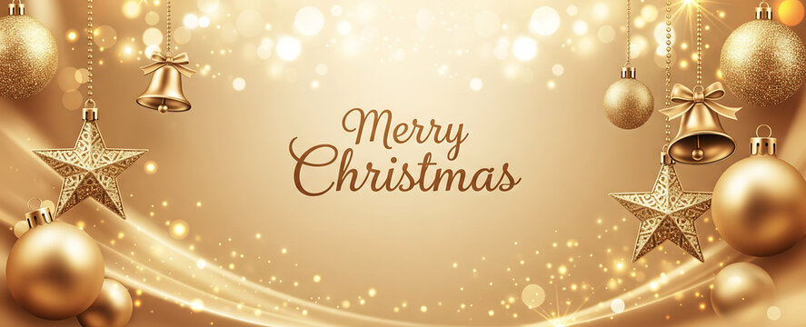 Golden Merry Christmas Banner with Elegant Ornaments and Sparkling Bokeh Lights - Powered by Adobe