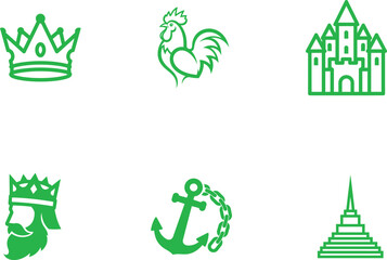 Green icon set featuring royalty agriculture architecture and navigation themes in a clean vector graphic style for various design projects and creative endeavors