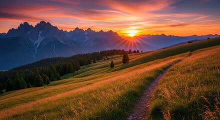 A breathtaking sunset over a mountain range with a dirt path leading through a grassy field.