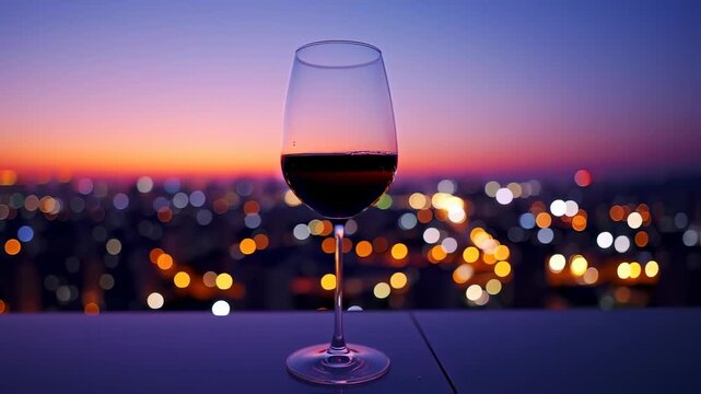 elegant wine goblet reflecting city night lights at dusk, presenting a perfect balance of urban charm and sophisticated relaxation