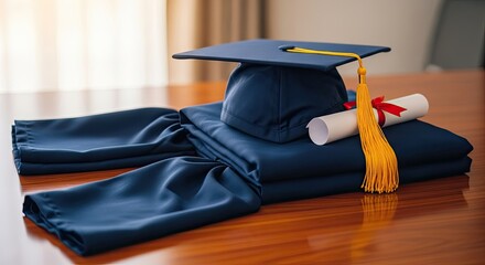 A blue graduation cap and diploma on a wooden table.