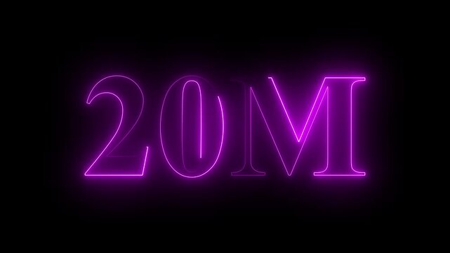 Glowing neon light 20M followers or subscribers celebration text animation on black background, Number 20M Neon Futuristic Effect, Trendy Glow Lighting, 20M animation neon text effect motion. 4k