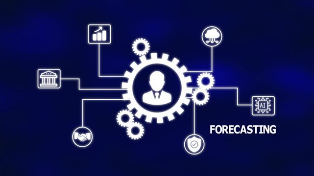 Business Forecasting Workflow Illustration Showing User-Centered Gear System, Connected Analytical Icons, and Digital Prediction Mapping for Strategic Planning.