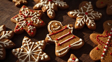 Festive Christmas Gingerbread Cookies Decorated with Icing on Wooden Table