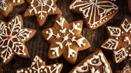 Festive Star-Shaped Christmas Cookies Decorated with Royal Icing on Rustic Wooden Surface