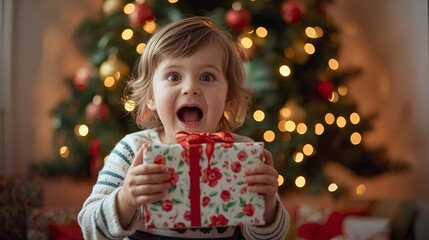 Excited Child Receives Christmas Gift in Festive Holiday Setting