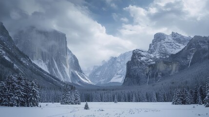 Dramatic Winter Landscape of Yosemite Valley Under Cloudy Sky and Snow-Covered Trees