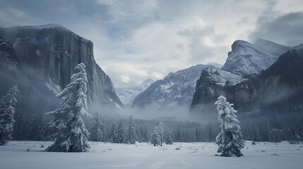 Winter Wonderland Snow-Covered Yosemite Valley Peaks and Foggy Atmosphere