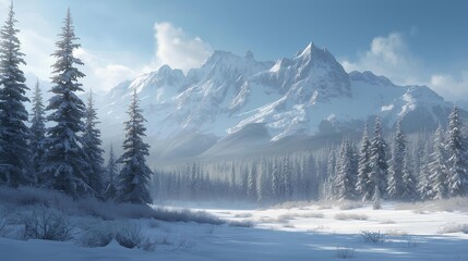 Winter Landscape Snowy Mountain Vista with Evergreen Trees and Open Field Scenery