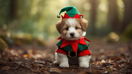 Adorable Puppy Dressed as an Elf in Autumn Forest Setting