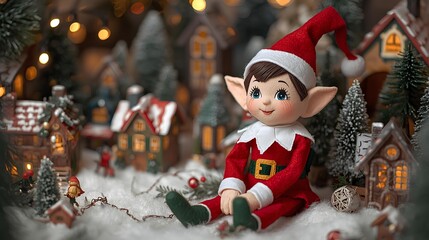 Festive Christmas Elf Doll Amidst a Miniature Winter Village Wonderland Scene