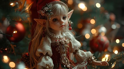 Enchanting Christmas Elf Doll with Ornate Outfit in Front of a Festive Christmas Tree
