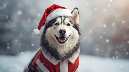 Husky in Santa Suit Smiles on Snowy Christmas Day A Festive Celebration