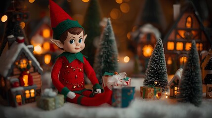 Festive Christmas Elf in a Cozy Holiday Village Setting with Tiny Houses and Trees