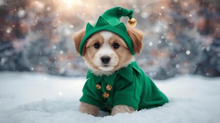 Adorable Puppy Dressed as Elf in Snowy Wonderland A Heartwarming Holiday Portrait