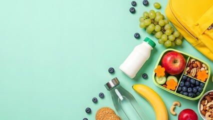 Healthy school lunchbox with fruits, snacks and drink, ideal for kids nutrition and balanced diet