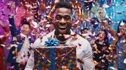 Friends celebrating 40th birthday party, giving gifts and having fun.