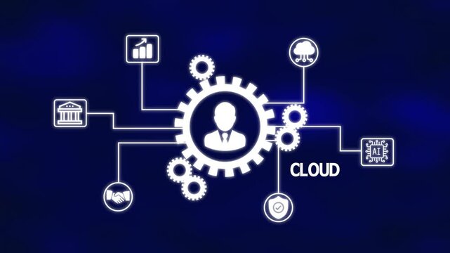 Cloud Workflow Illustration Showing User Gear Hub Connected to Cloud Computing, AI, Data Flow, and Business Elements Representing Modern Digital Infrastructure.