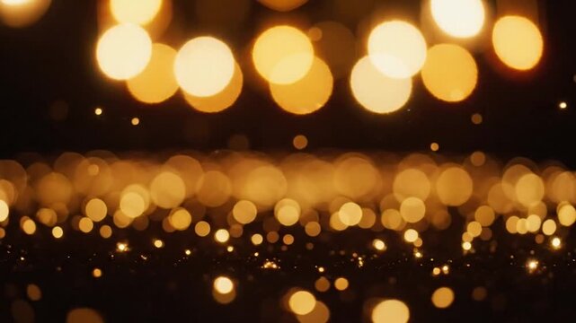 Golden Bokeh Lights on Moody Dark Background. Magical Ethereal Dreamy Particle Animation. Warm Inviting Depth and Glow Effect.