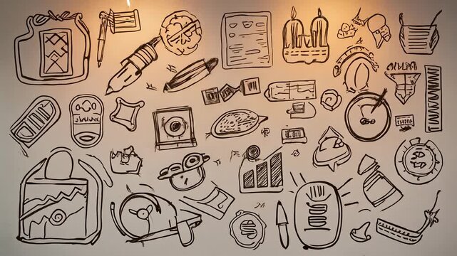 &ldquo;Hand-drawn doodle icons animating on white paper texture, ink pen line effect, stop-motion
